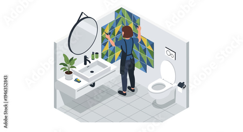 Isometric Bathroom Renovation Illustration with Woman Installing Colorful Decorative Wall Tiles