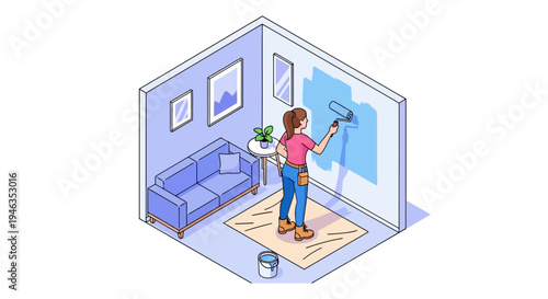 Isometric Illustration of a Young Woman Painting a Wall in a Living Room for Home Renovation and DIY Interior Design Project