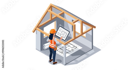 Female Architect Planning House Construction Using Digital Tablet with Blueprints, Isometric Vector Illustration for Real Estate and Building Industry
