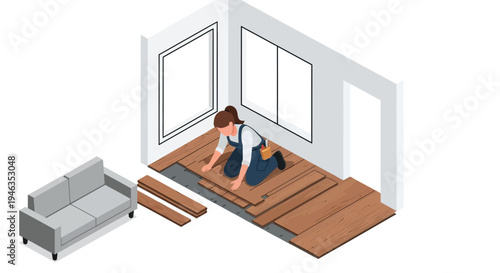 Isometric Illustration of Female Professional Installing Wood Flooring in a Modern Living Room; Parquet and Laminate Floor Installation Service Concept