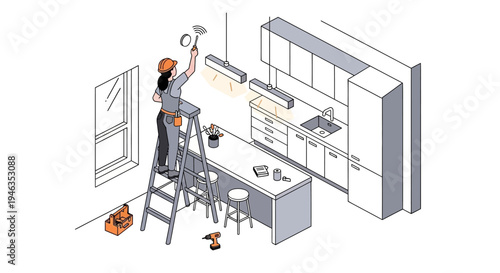 Female Technician Installing Smart Home Sensor or Smoke Detector in Modern Kitchen, Isometric Vector Illustration for Home Maintenance and Professional Services