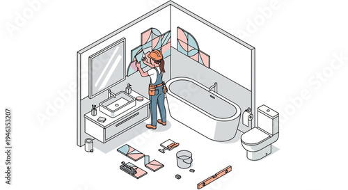 Isometric Illustration of Female Worker Tiling Bathroom Wall, Professional Home Renovation and Remodeling Concept with Construction Tools and Equipment