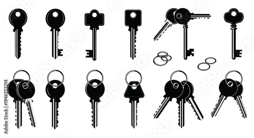 Collection of Vintage and Modern Keys, Keychains, and Key Rings - Black and White Icons