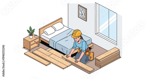 Female Professional Contractor Installing Wood Flooring in a Modern Bedroom Isometric Illustration