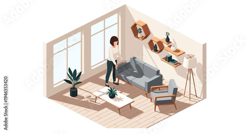 Modern Isometric Living Room Interior Illustration with Woman Decorating Contemporary Furniture