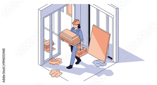 Isometric Illustration of a Professional Female Carpenter Carrying Wooden Planks and Toolbox in a Construction Site