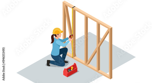 Isometric Female Carpenter Measuring Wooden Wall Frame for Home Construction and Renovation