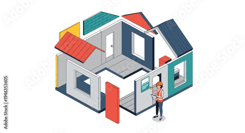 Isometric Modular House Construction with Female Architect Planning Home Design