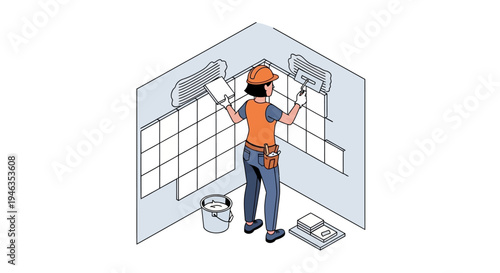 Professional Female Tiler Installing Ceramic Wall Tiles, Isometric Illustration of a Woman Construction Worker During Home Renovation and Interior Improvement