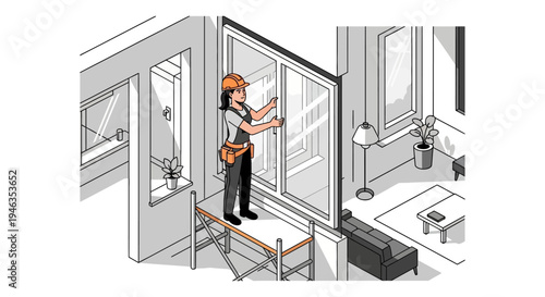 Professional Female Technician Installing Window on Scaffolding in Modern Living Room, Isometric Home Renovation and Maintenance Service Concept