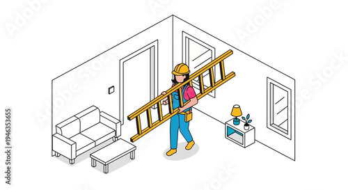 Isometric Illustration of a Female Construction Worker Carrying a Wooden Ladder in a Living Room for Home Renovation and Maintenance Service Concept
