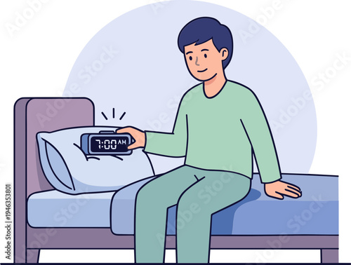 Man wakes up sitting on bed holding alarm clock in morning