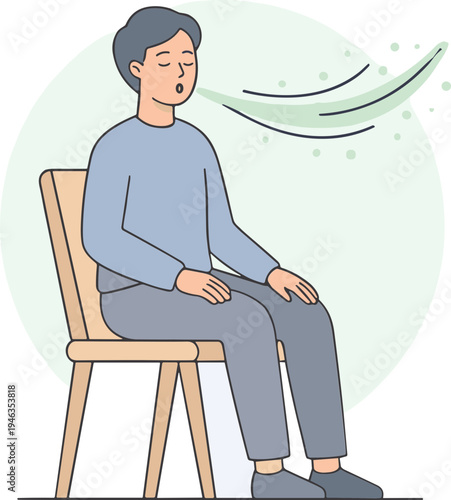 Person sitting on chair coughing with mouth covered indoors