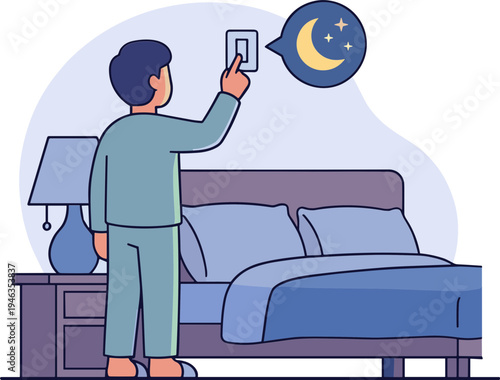 Man in pajamas turning off light switch beside bed in bedroom