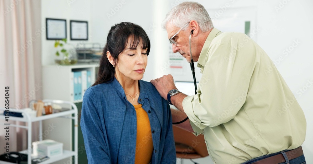 Fototapeta premium Consultation, stethoscope and doctor with woman in hospital for breathing, chest infection or pain. Checkup, discussion and mature healthcare worker with patient for medical examination in clinic.