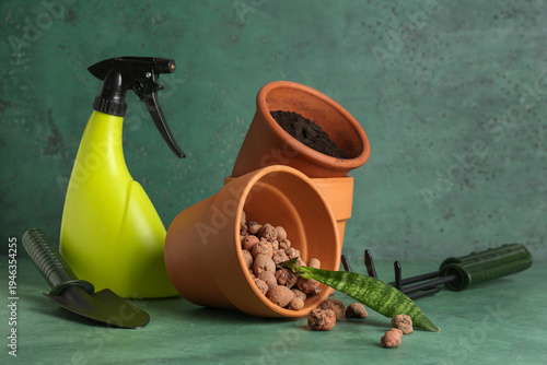 Clay flower pots with soil,...