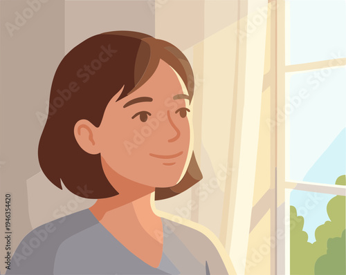 A woman looks out the window with a contemplative expression inside a house.