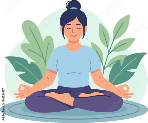 Woman meditates peacefully outdoors with plants and calm surroundings