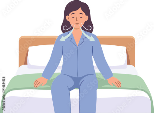 Woman sits on bed meditating in peaceful bedroom environment