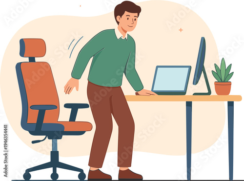 Man standing up from office chair, looking at computer screen with concern, in a modern workspace environment, from a side viewpoint.