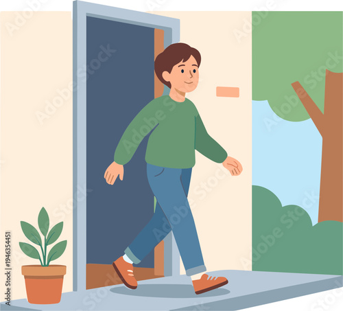 A man walks out of a house into a garden with a plant.