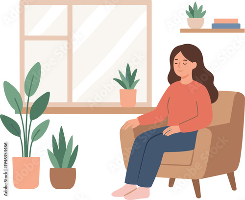 Woman sitting on chair beside plants by window in living room
