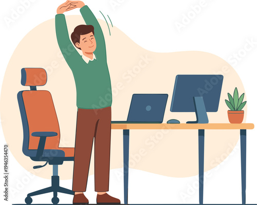 A man stretches at his desk in an office setting with computer