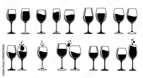 Collection of Wine Glasses with Red Wine, Bubbles, and Drops