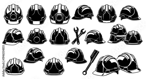 Construction Hard Hats and Tools Set: Safety Helmets, Wrenches, Brush - Vector Icons