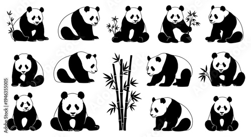 Cute Panda Collection: Various Poses of Giant Pandas, Bamboo and Leaves