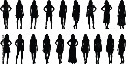 Silhouettes of twenty diverse women standing in various poses with different clothing styles, symbolizing fashion, posture, elegance, individuality, and female figure illustration design
