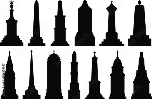 Monument, memorial, obelisk, tower, silhouette, landmark, architecture, statue, historic, tribute, remembrance, stone, isolated, black, vector, illustration, structure, heritage, design, collection