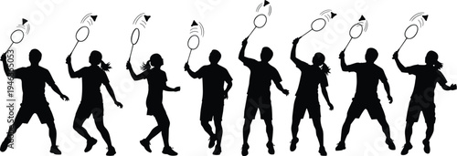 Silhouettes of badminton player in eight dynamic action poses hitting shuttlecock with racket, illustrating sport technique, motion sequence, athletic energy, and training performance