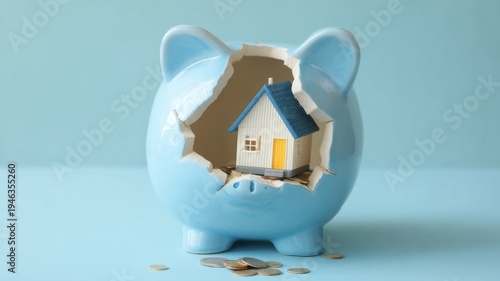 Blue piggy bank broken with a small house inside and scattered coins below
