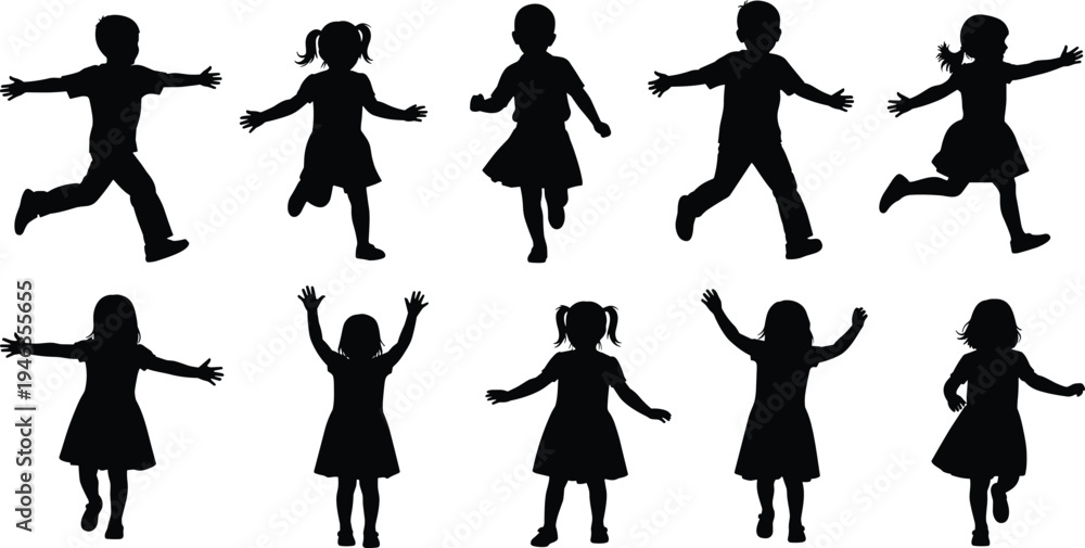 Obraz premium Silhouettes of ten playful children in dynamic poses running, jumping, and raising arms, symbolizing energy, joy, childhood fun, and active movement outdoors together
