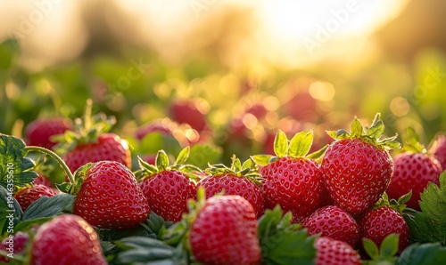 Fresh Ripe Strawberries in a Sunlit Field at Sunset Glow
