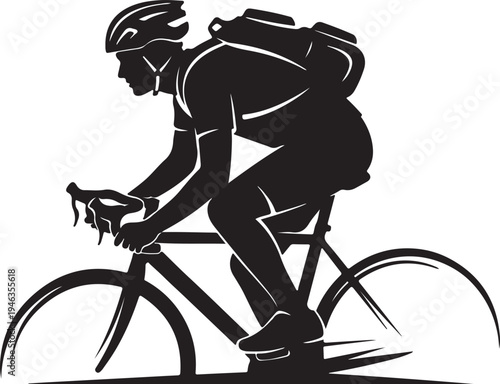 Print A silhouette illustration of a cyclist wearing a helmet and a backpack riding a road bicycle fast