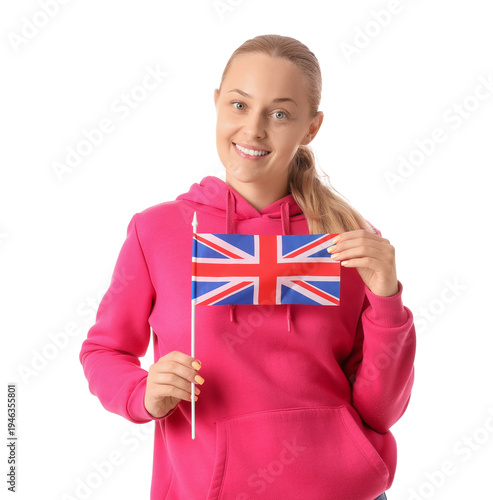 Young woman with UK flag on...
