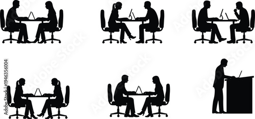 Business meeting silhouettes with laptops showing teamwork, collaboration, office presentation, professional workplace vector illustration for corporate design projects