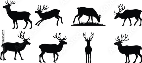 Deer silhouettes collection featuring antlered wildlife in standing, running, grazing, and leaping poses for vector illustration, nature art, and design