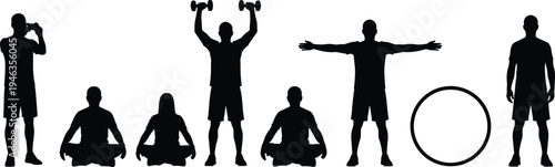 Fitness silhouettes collection showing exercise, yoga, meditation, hydration, strength training, wellness poses and healthy lifestyle vector illustration for design