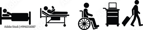 Healthcare recovery silhouettes showing patient journey from hospital bed to wheelchair, medical equipment, and walking independence in vector design