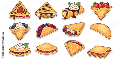 Crepe illustration set, dessert food design, sweet pastry motif artwork, fruit chocolate topping symbol, culinary decorative motif, vibrant cartoon artwork, flat vector drawing