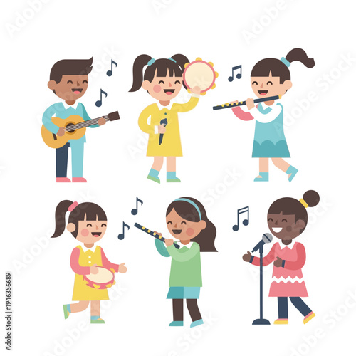 Diverse Kids Playing Musical Instruments and Singing Together