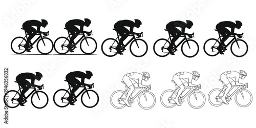 Cyclist sequence, road bicycle, racing posture, motion study, silhouette, line drawing, helmet, cycling attire, bike components, speed, endurance, training,  vector illustration