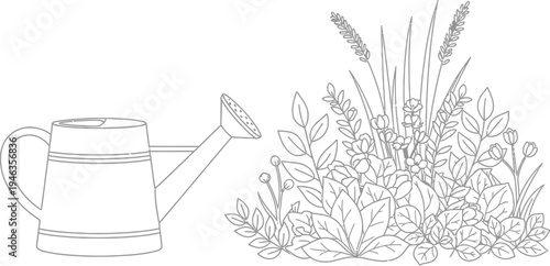 Simple line art drawing of a classic watering can placed beside a vibrant collection of growing plants and blossoming flowers