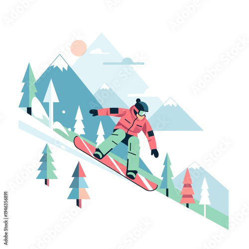 Snowboarder descending a snowy mountain slope with pine trees and sunshine