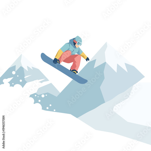 Snowboarder jumping over snowy mountain peak, winter extreme sport, flat design