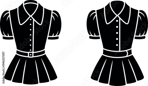 Women vintage dress vector icon set with puffed sleeves and belt, retro fashion silhouette isolated on white