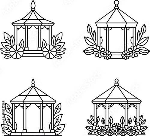 Garden gazebo vector icon set featuring ornate pavilion structures with floral decorations isolated on white background